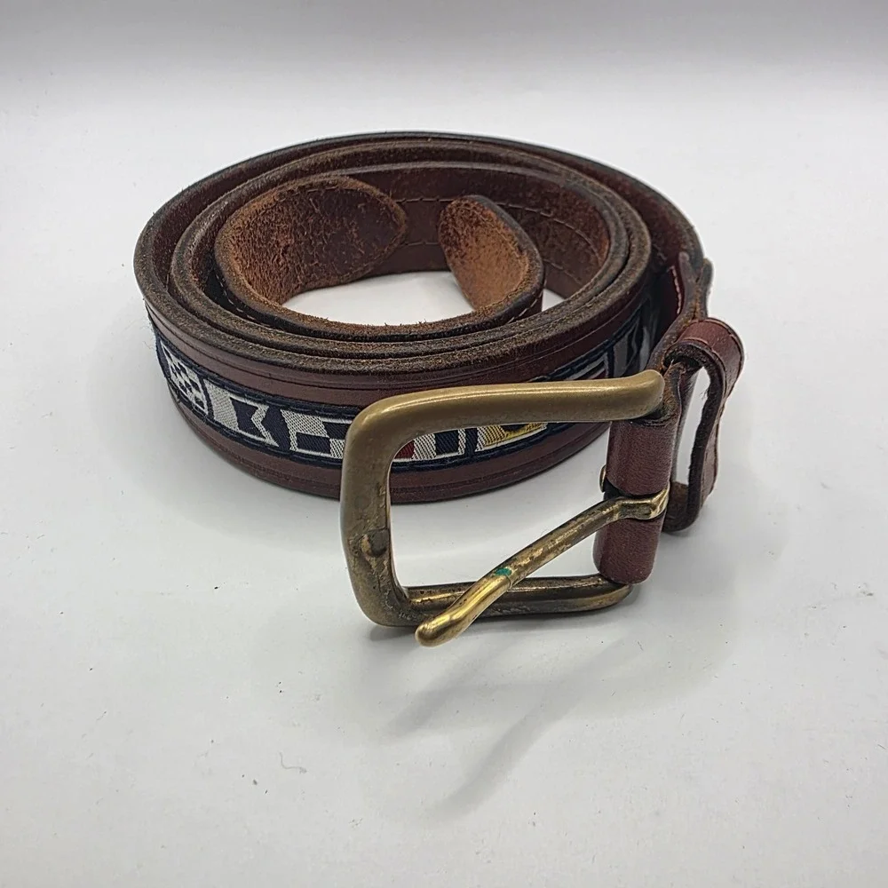 Nautica Mens Brown Leather Nautical Signal Flag Belt Brass Buckle 38 93802T
